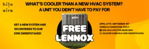 Banner promoting a limited-time offer for free Lennox HVAC systems, showcasing energy-efficient air conditioners or heating units. The design highlights the high-quality, reliable performance of Lennox products with a call-to-action for customers to take advantage of the free offer.